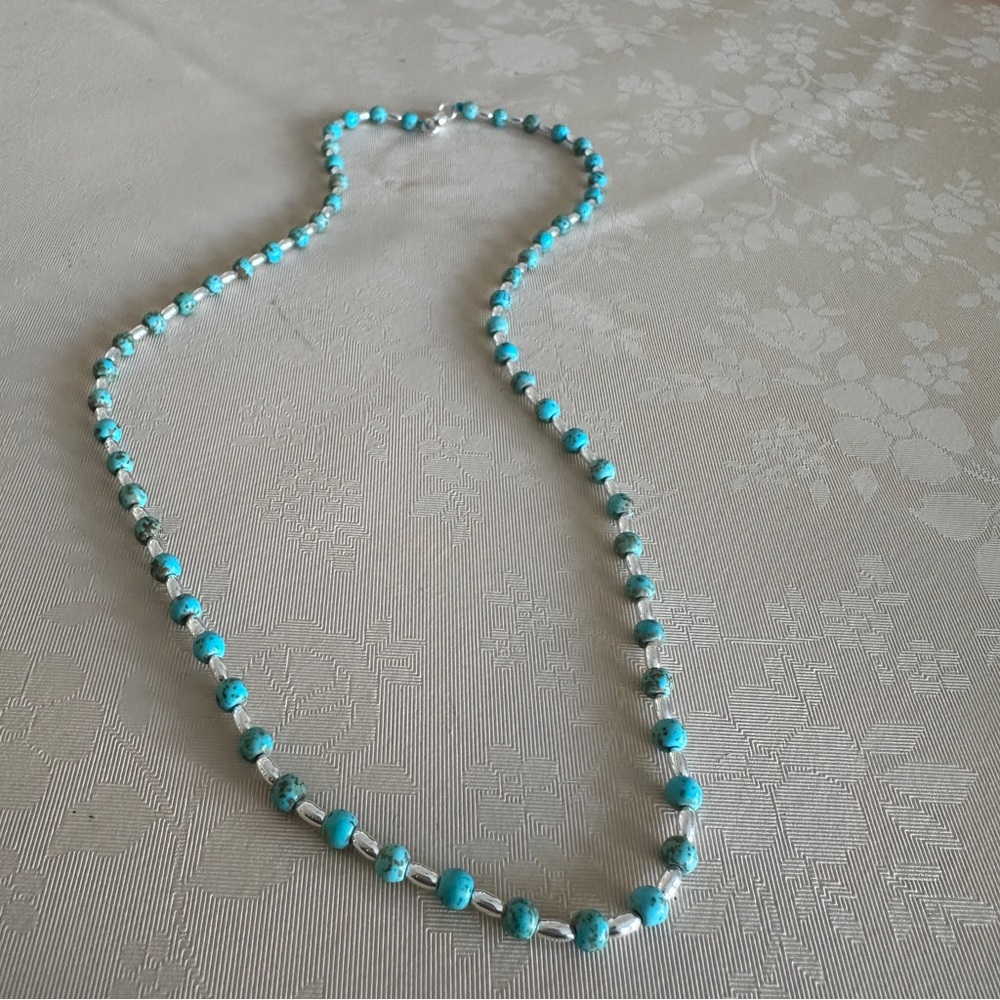 Turquoise Magnesite Rice Silver Beaded Necklace